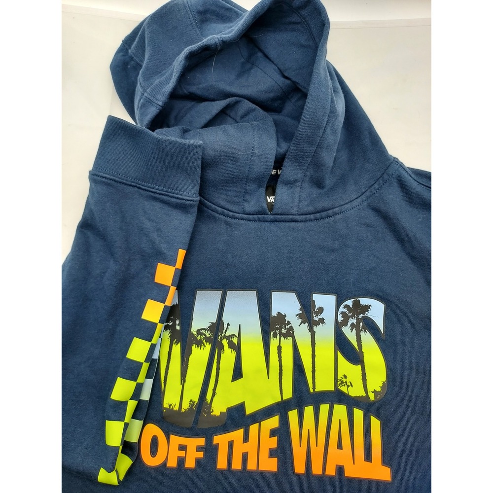 Vans Off The Wall Hoodie Kids Large Blue Pullover Sweatshirt Palm Trees